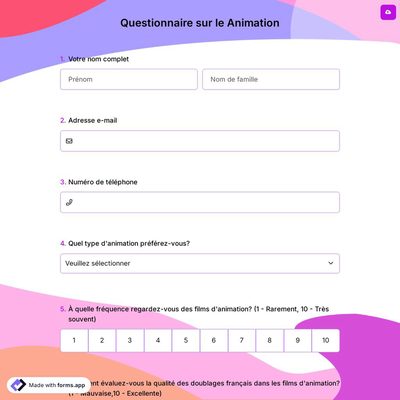Questionnaire sur le Animation