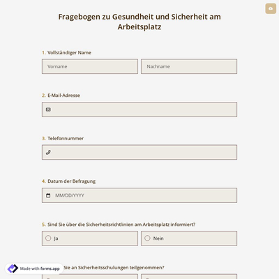Fragebogen zu Gesundheit und Sicherheit am Arbeitsplatz
