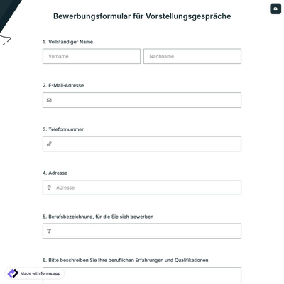 Bewerbungsformular für Vorstellungsgespräche