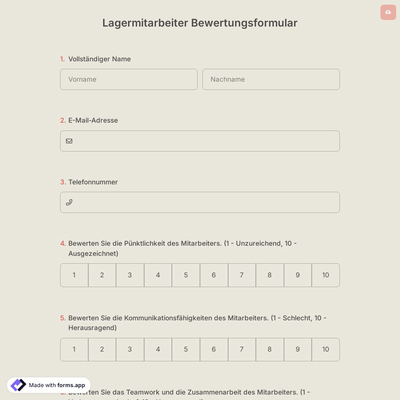 Lagermitarbeiter Bewertungsformular
