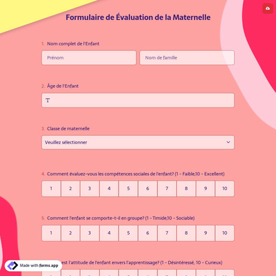 Formulaire de Évaluation de la Maternelle