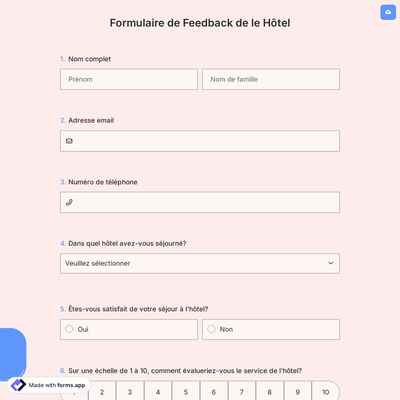 Formulaire de Feedback de le Hôtel