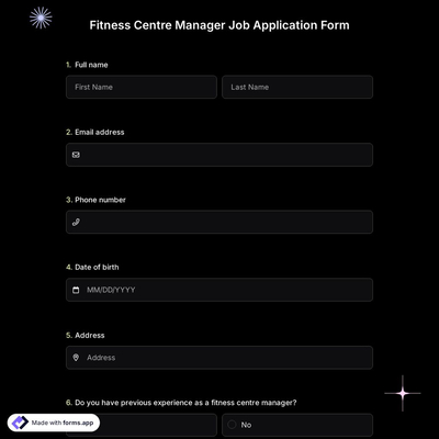 Fitness Centre Manager Job Application Form