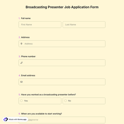 Broadcasting Presenter Job Application Form