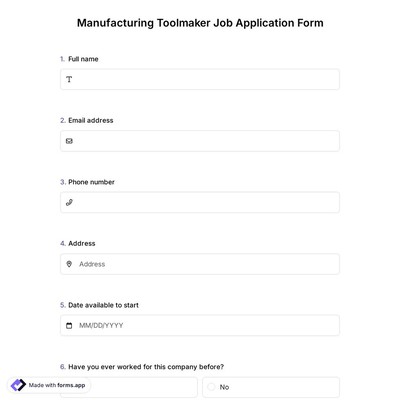 Manufacturing Toolmaker Job Application Form