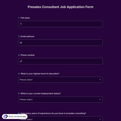 Presales Consultant Job Application Form