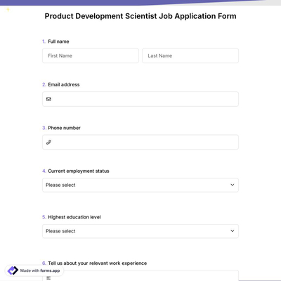 Product Development Scientist Job Application Form