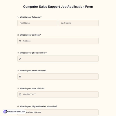 Computer Sales Support Job Application Form