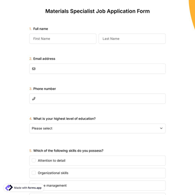 Materials Specialist Job Application Form