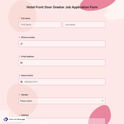 Hotel Front Door Greeter Job Application Form