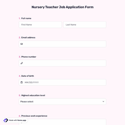Nursery Teacher Job Application Form
