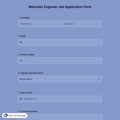 Materials Engineer Job Application Form