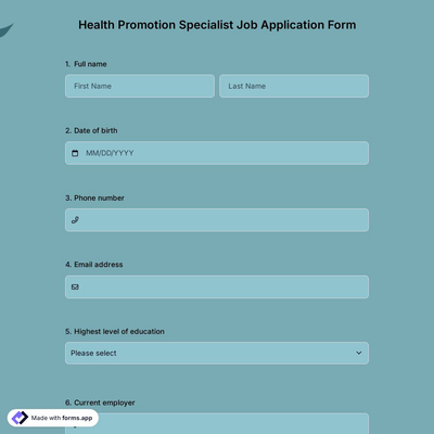Health Promotion Specialist Job Application Form