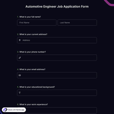 Automotive Engineer Job Application Form