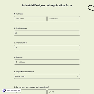 Industrial Designer Job Application Form