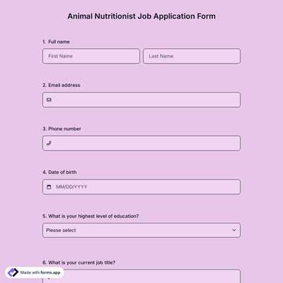 Animal Nutritionist Job Application Form