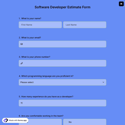 Software Developer Estimate Form