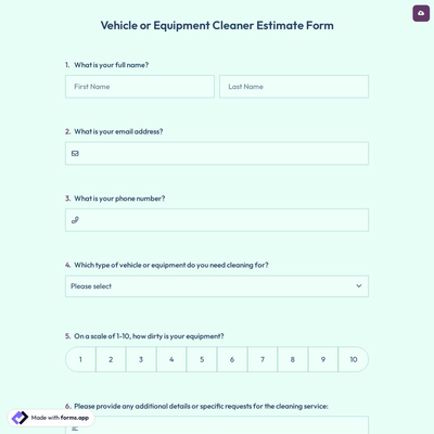 Vehicle or Equipment Cleaner Estimate Form