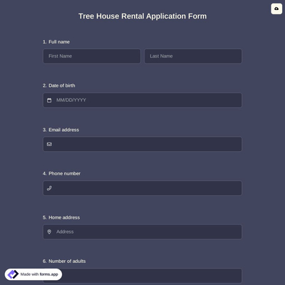Tree House Rental Application Form
