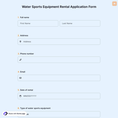 Water Sports Equipment Rental Application Form