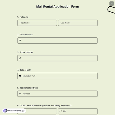 Mall Rental Application Form