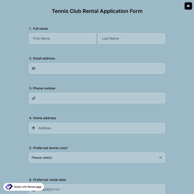 Tennis Club Rental Application Form