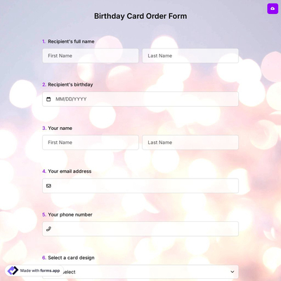 Birthday Card Order Form