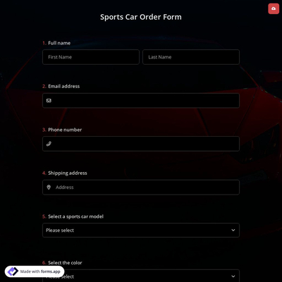 Sports Car Order Form