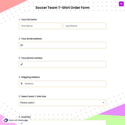 Soccer Team T-Shirt Order Form
