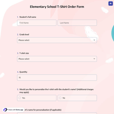 Elementary School T-Shirt Order Form