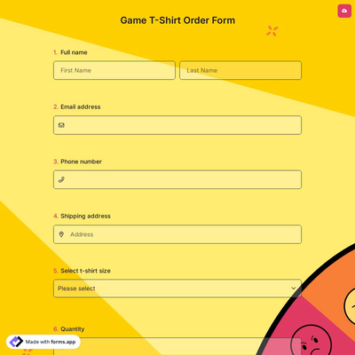 Game T-Shirt Order Form