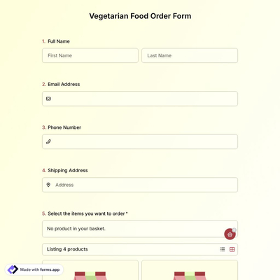Vegetarian Food Order Form