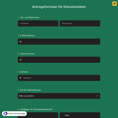 Antragsformular für Dienstanbieter