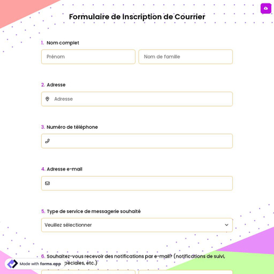 Formulaire de Inscription de Courrier