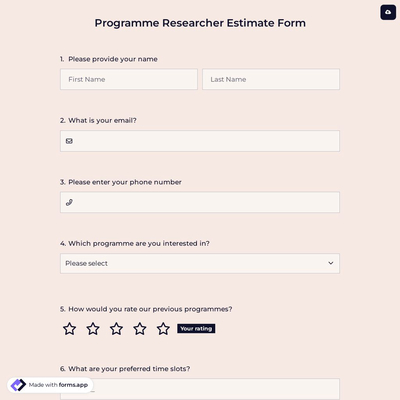 Programme Researcher Estimate Form