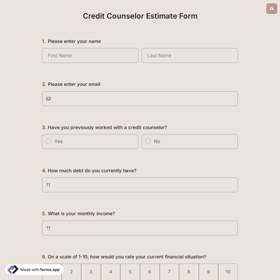 Credit Counselor Estimate Form