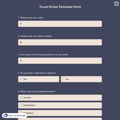 Truck Driver Estimate Form