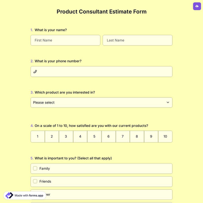 Product Consultant Estimate Form