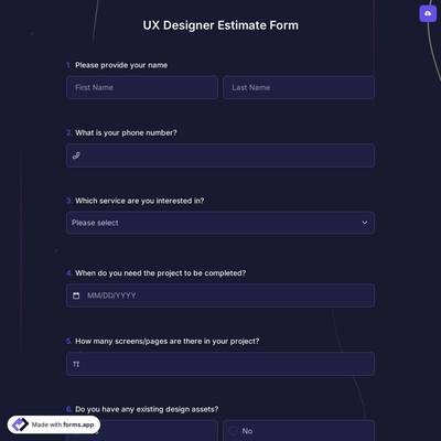 UX Designer Estimate Form