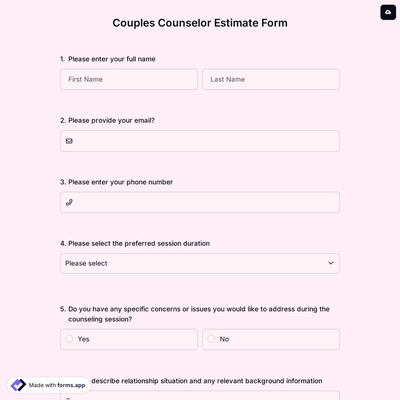 Couples Counselor Estimate Form