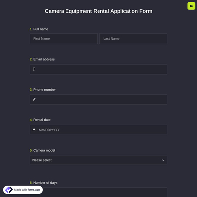 Camera Equipment Rental Application Form