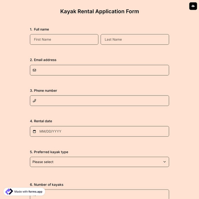 Kayak Rental Application Form