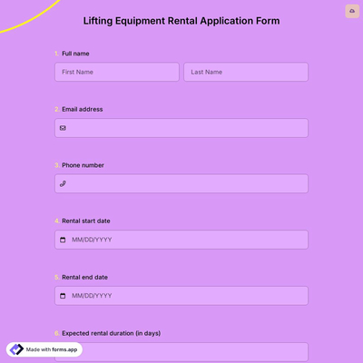 Lifting Equipment Rental Application Form