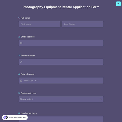 Photography Equipment Rental Application Form