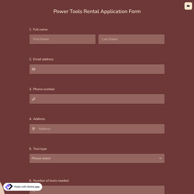 Power Tools Rental Application Form