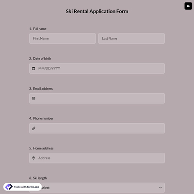 Ski Rental Application Form