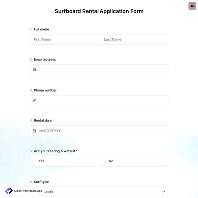 Surfboard Rental Application Form