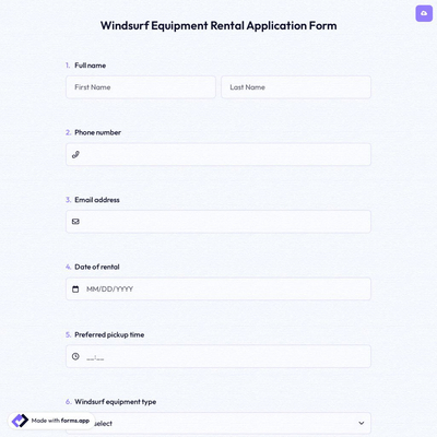 Windsurf Equipment Rental Application Form