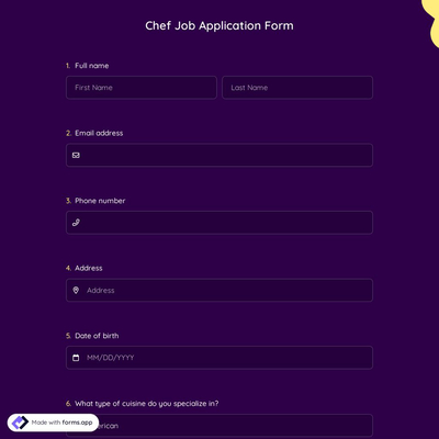 Chef Job Application Form