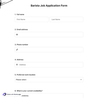 Barista Job Application Form